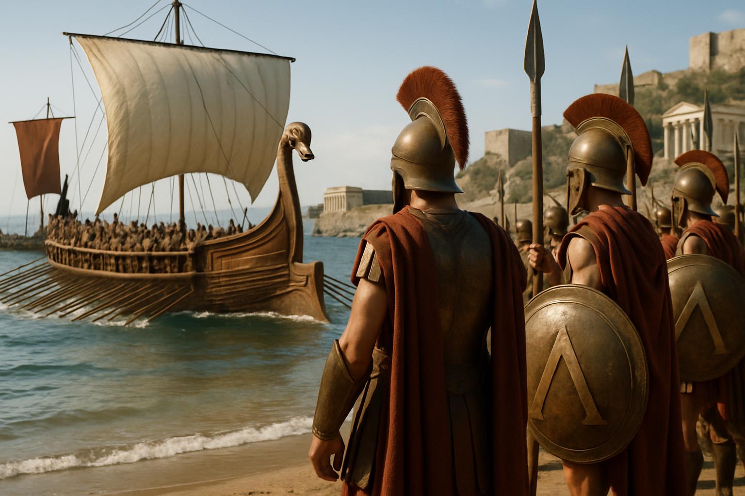 Spartan hoplites in crested helmets and red cloaks watch a crowded warship being drawn up on a beach below a fortified acropolis