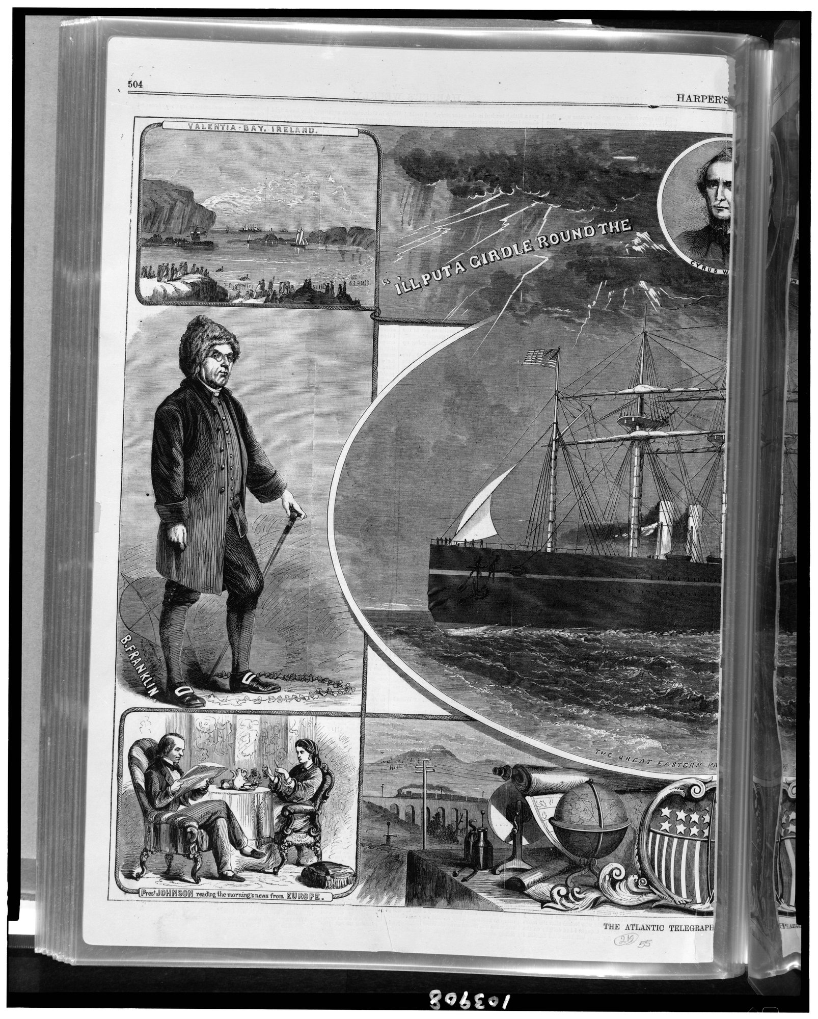 Engraved commemorative print combining a portrait, a coastal landing scene and a steamship paying out cable, with panels of workers below