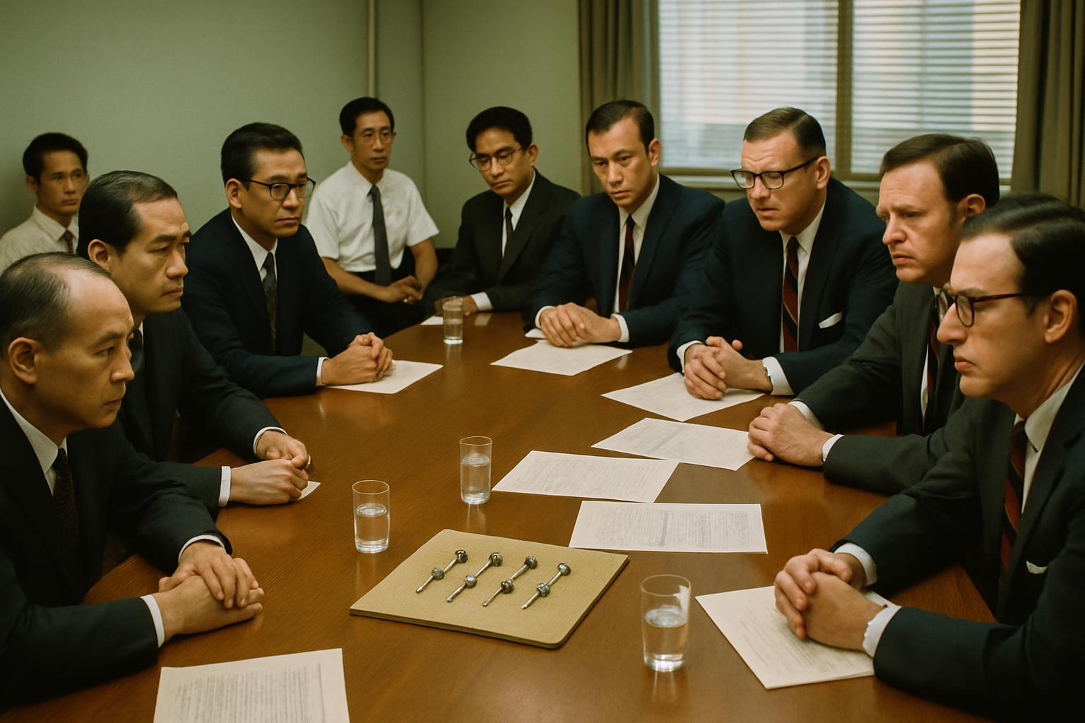 Japanese and American businessmen in dark suits sit facing each other along a boardroom table strewn with documents