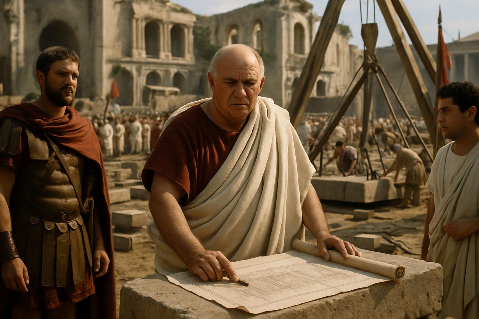 A stout man in a toga studies a plan on a stone block at a building site while a soldier stands by and cranes work behind