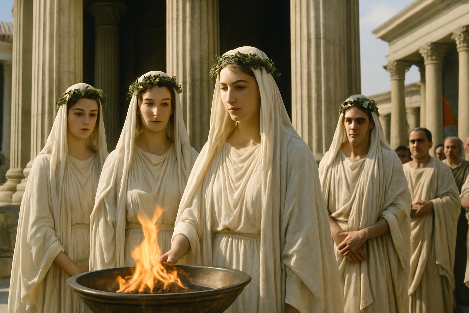 Women in white robes and leaf crowns stand around a burning brazier before a colonnaded temple