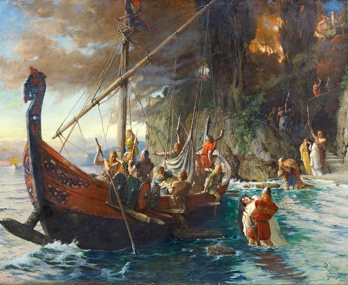 Painted scene of a longship under a striped sail running in to a rocky shore where raiders seize figures in monastic robes, buildings burning above