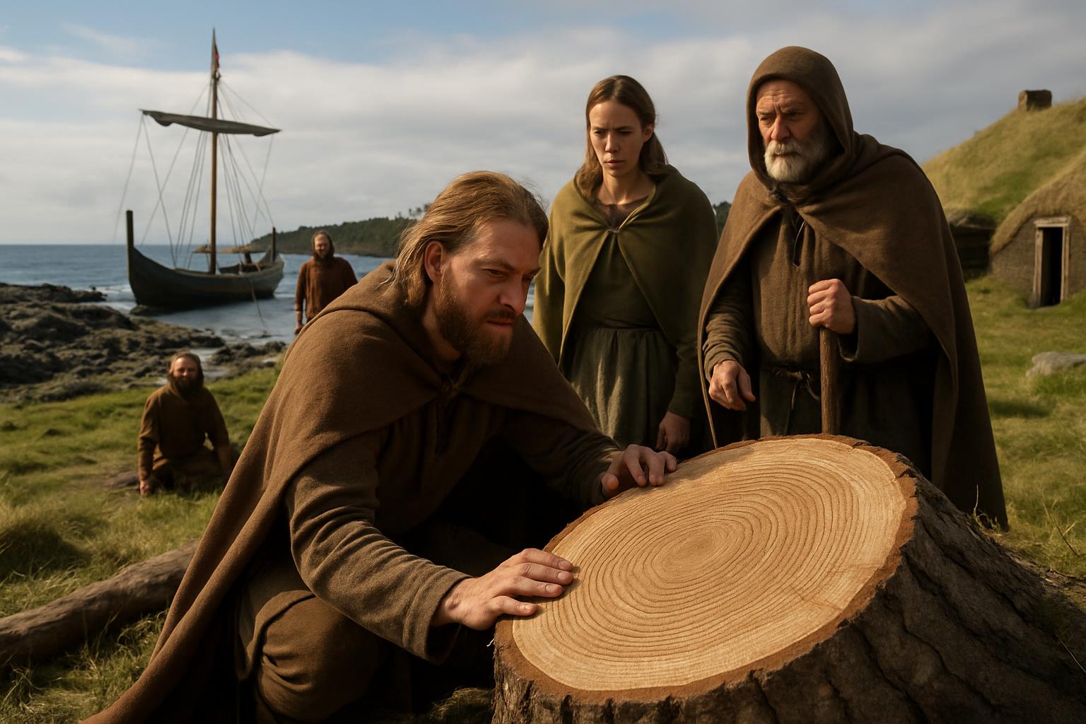 A bearded man in a cloak examines the cut surface of a felled tree stump while two companions watch, a beached ship and turf houses behind