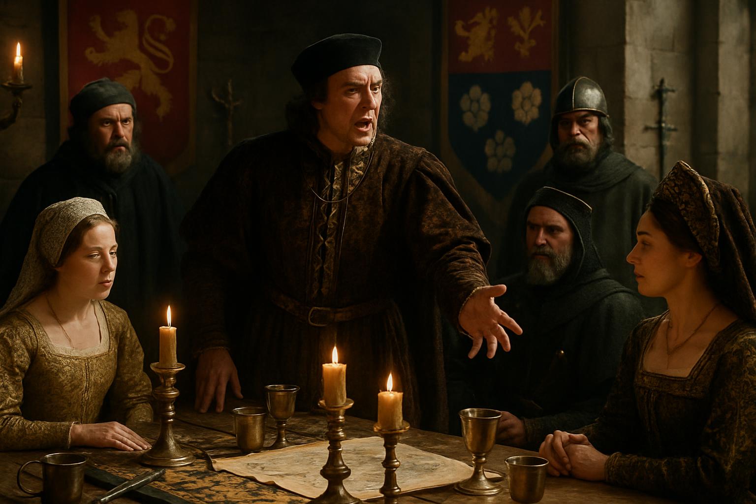 A man in a fur-trimmed gown argues across a candlelit table hung with heraldic banners while two women and armed men look on