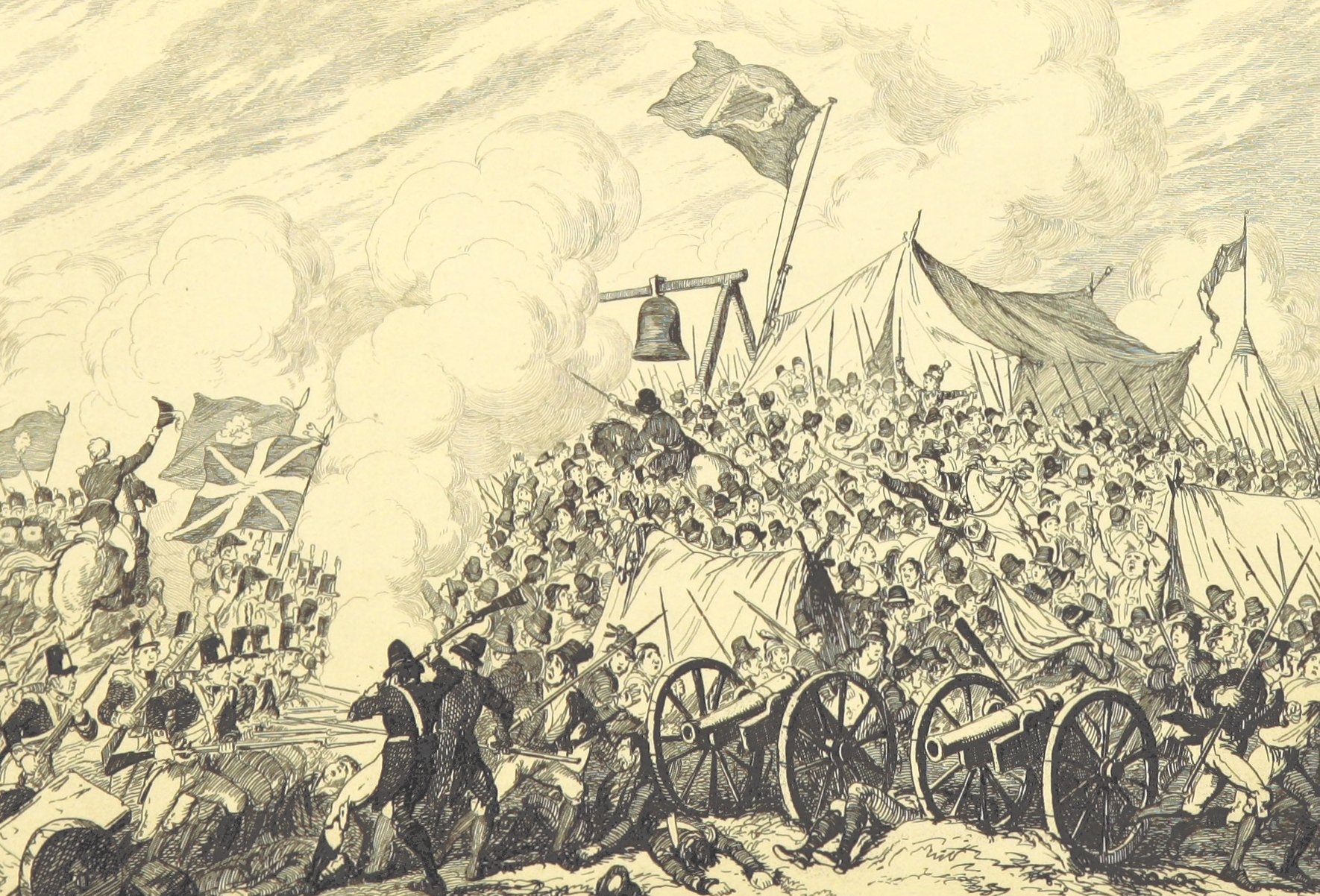Irish rebels carrying pikes and banners surge past an abandoned field gun through smoke in 1798