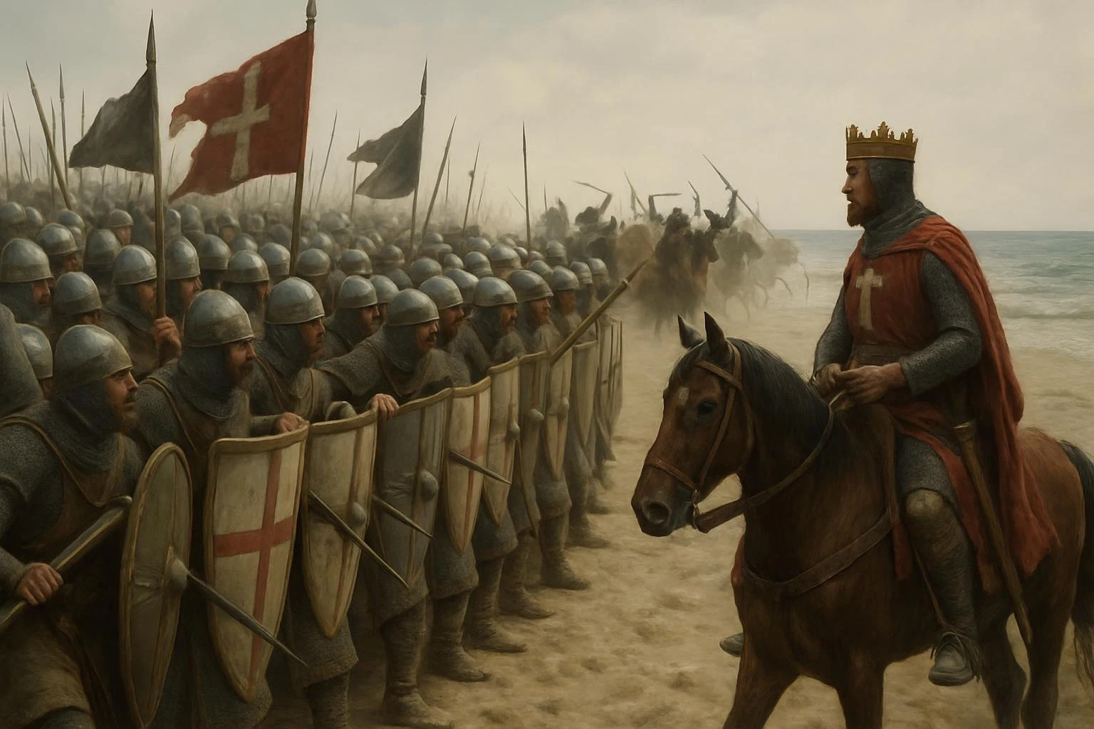 Illustration of crusader foot soldiers behind their shields on a beach, with banners overhead and a crowned king on horseback
