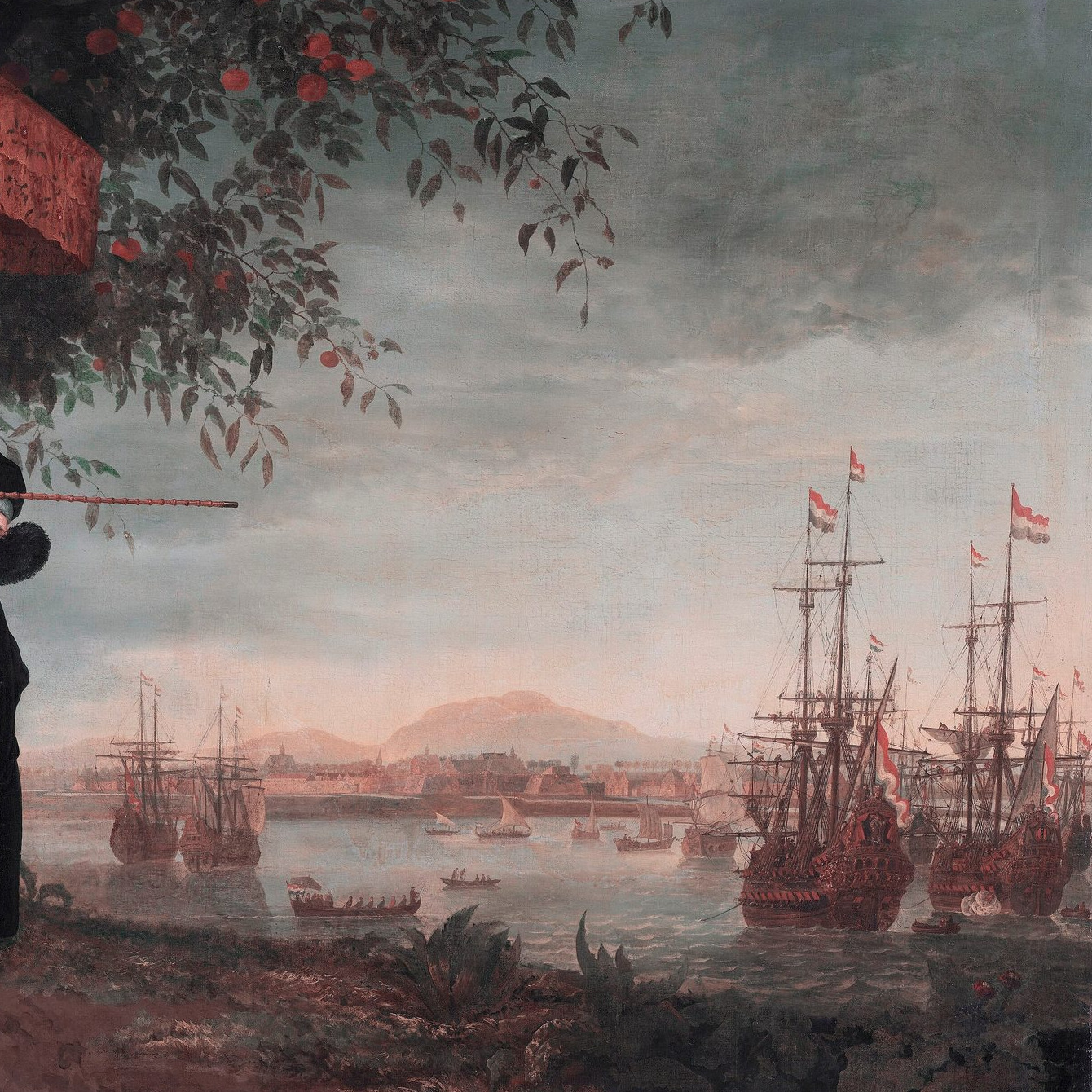 Seventeenth-century oil painting of a Company merchant and his wife on a shore, with anchored ships in the roads of Batavia behind them