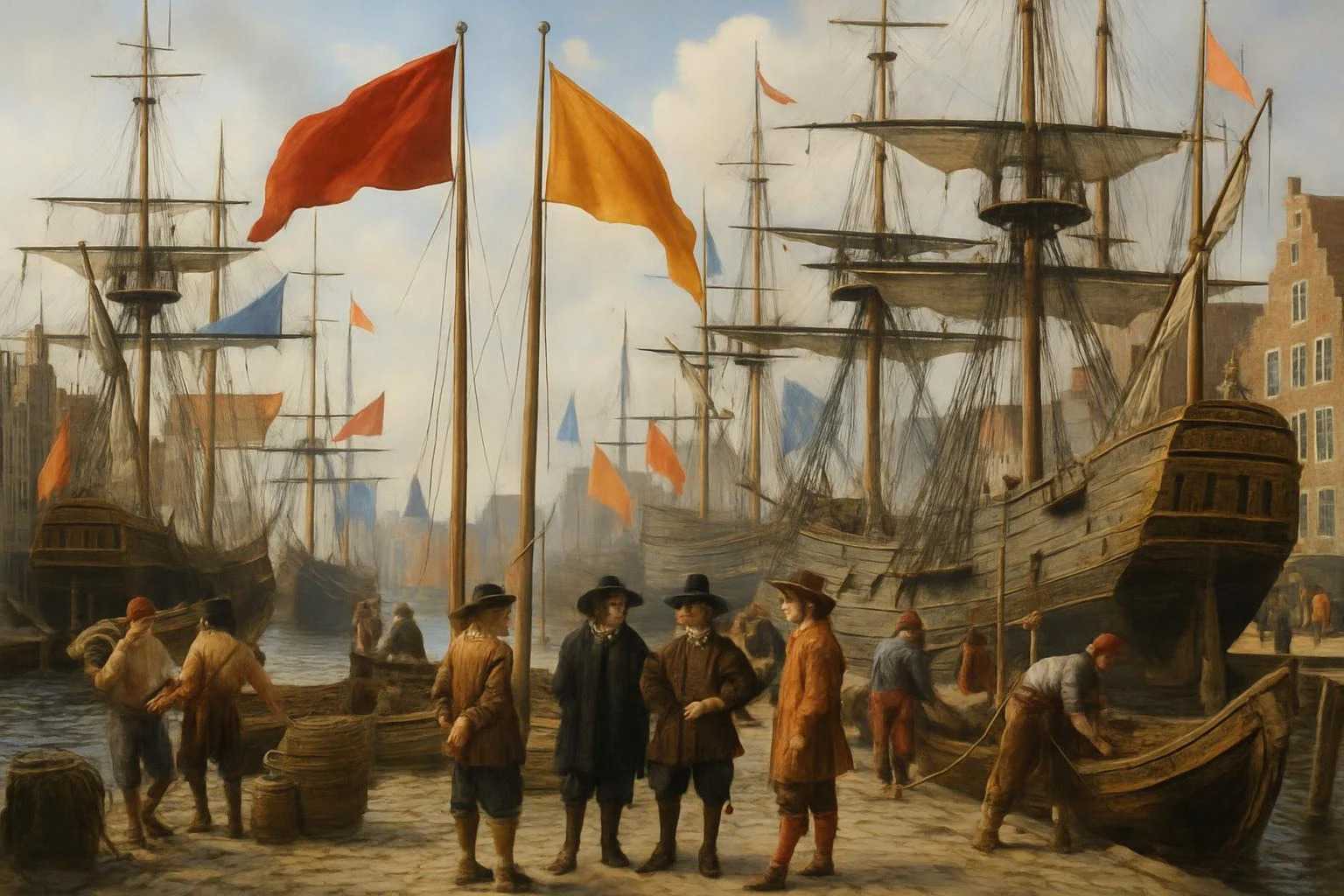 Illustration of Dutch warships and a harbour town, with officials of a provincial admiralty board in the foreground