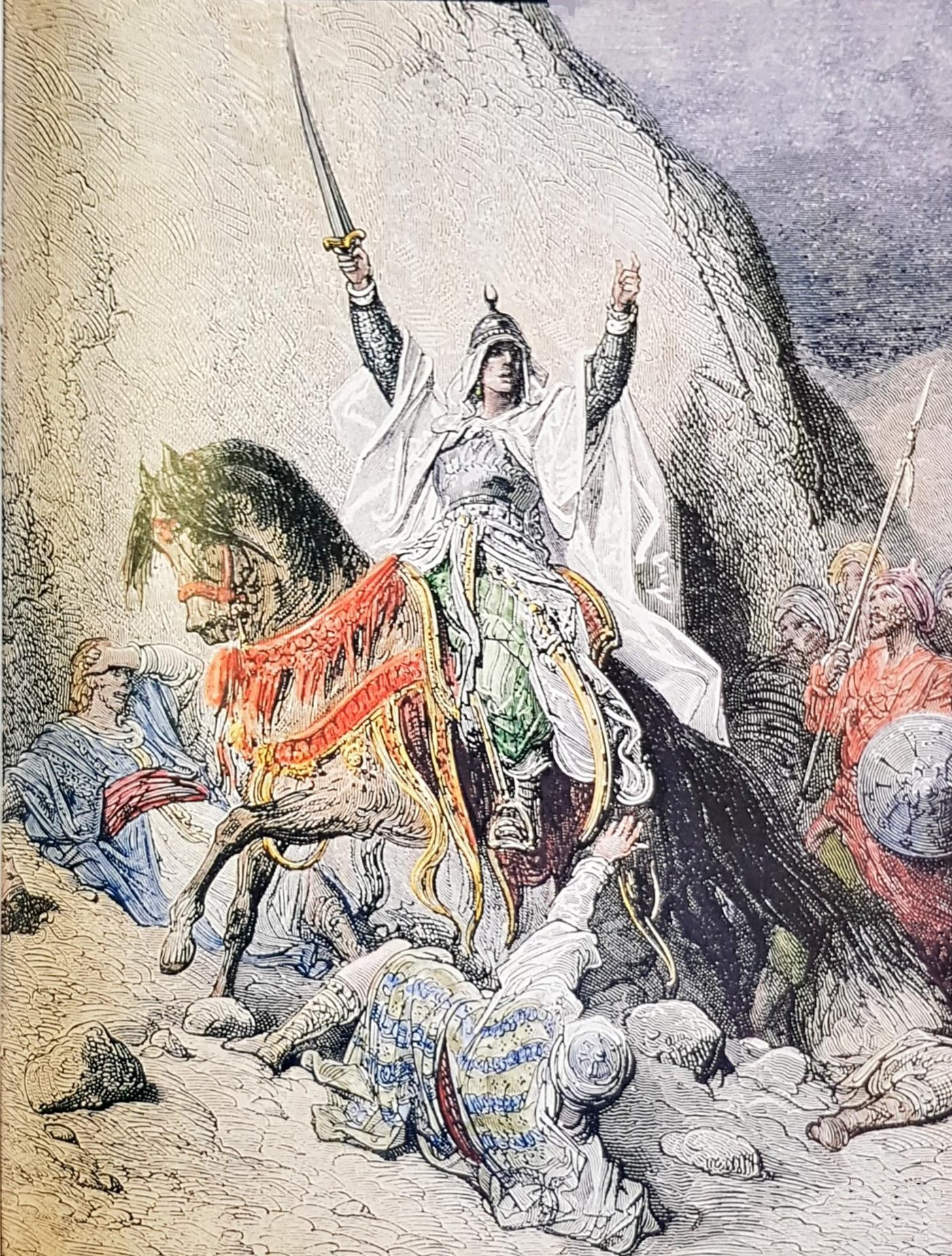 Nineteenth-century engraving of Saladin on horseback in victory, sword raised, riders and standards behind him