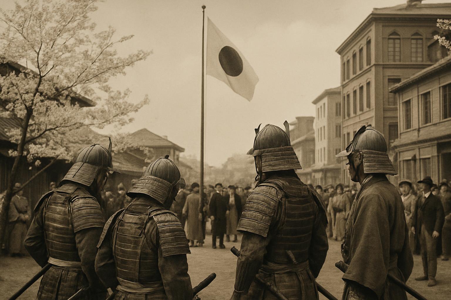 Sepia scene of armoured samurai in a town street beneath a Japanese flag as onlookers watch