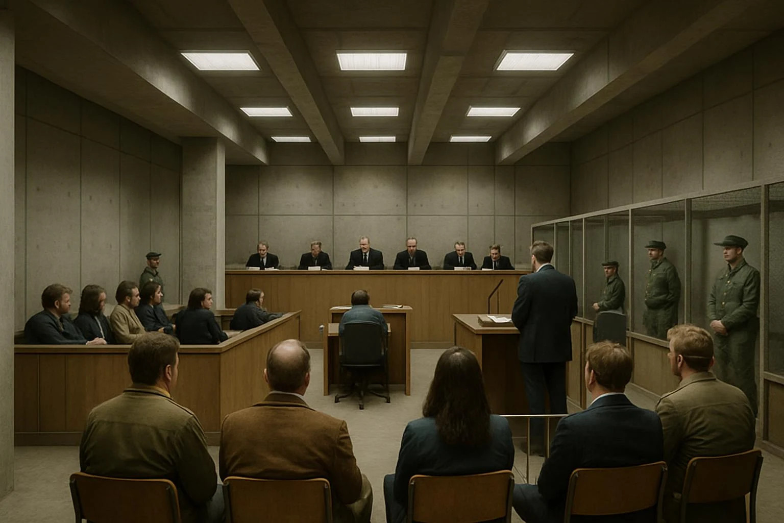 Illustration of a concrete West German courtroom with judges on the bench, defendants behind glass and guards along the wall