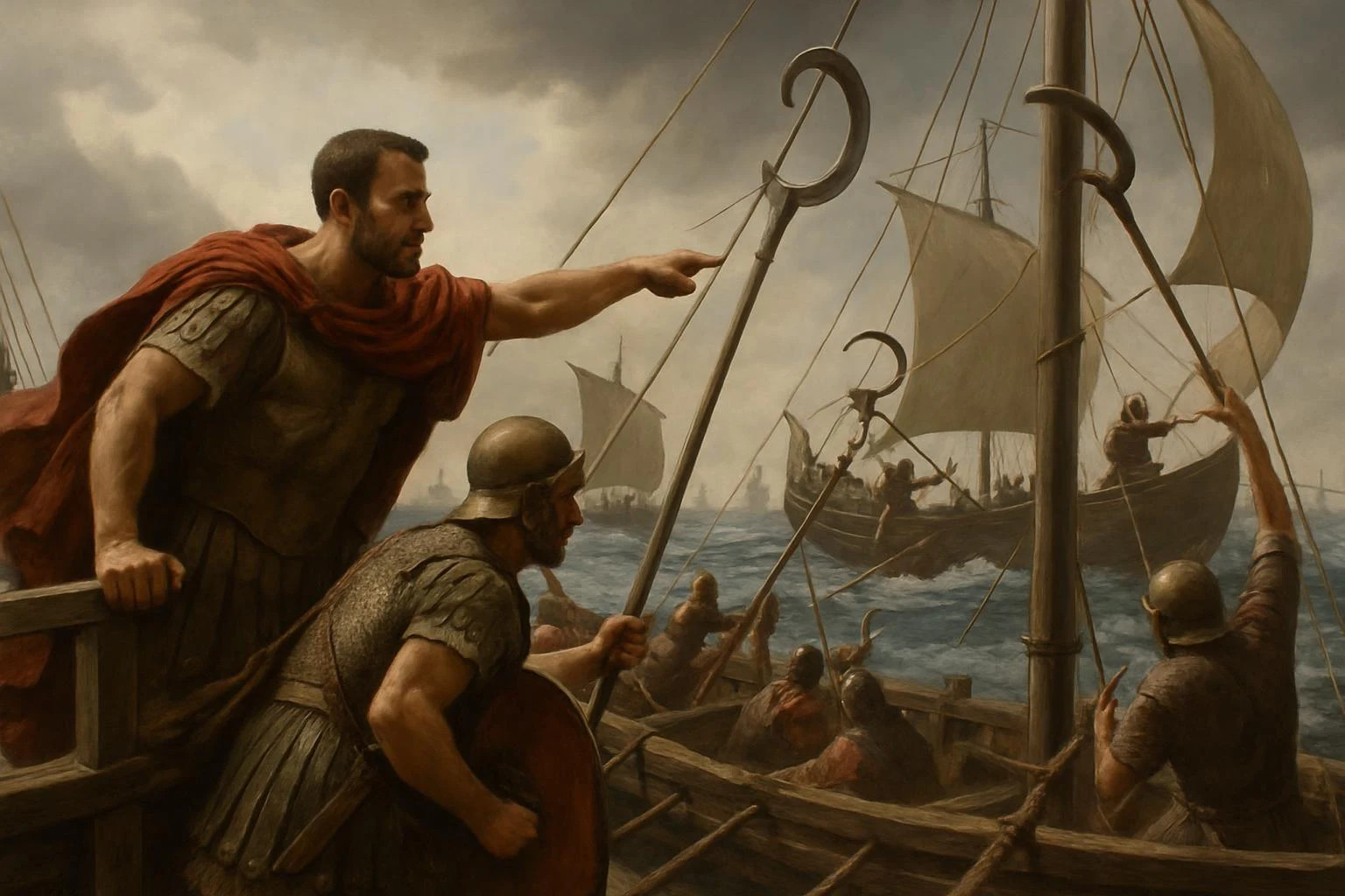 Illustration of a Roman officer pointing out to sea beside a soldier holding a long hooked pole, with sailing ships beyond