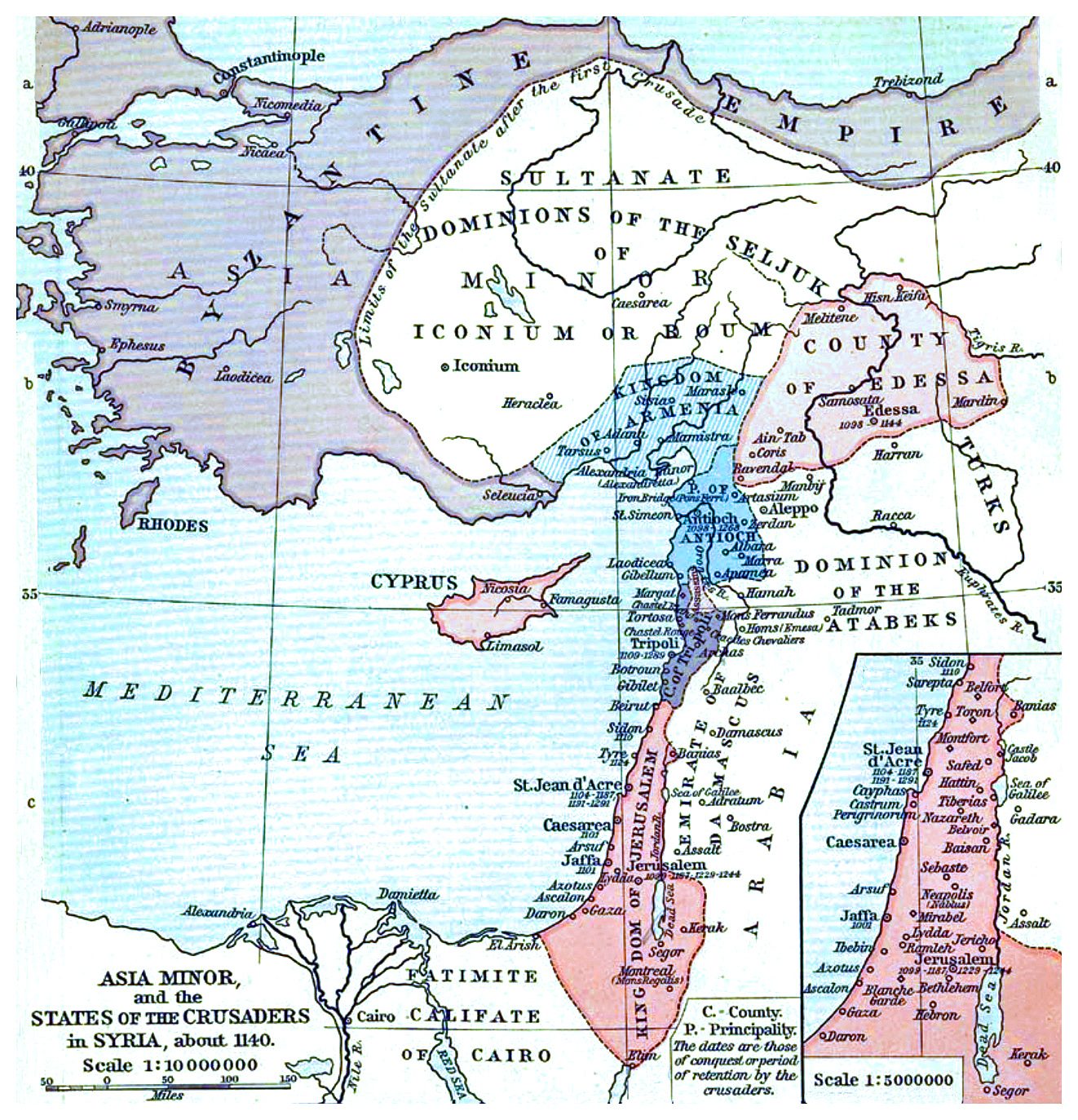 Historical map of Asia Minor, Cyprus and the crusader states of the Levant around 1140