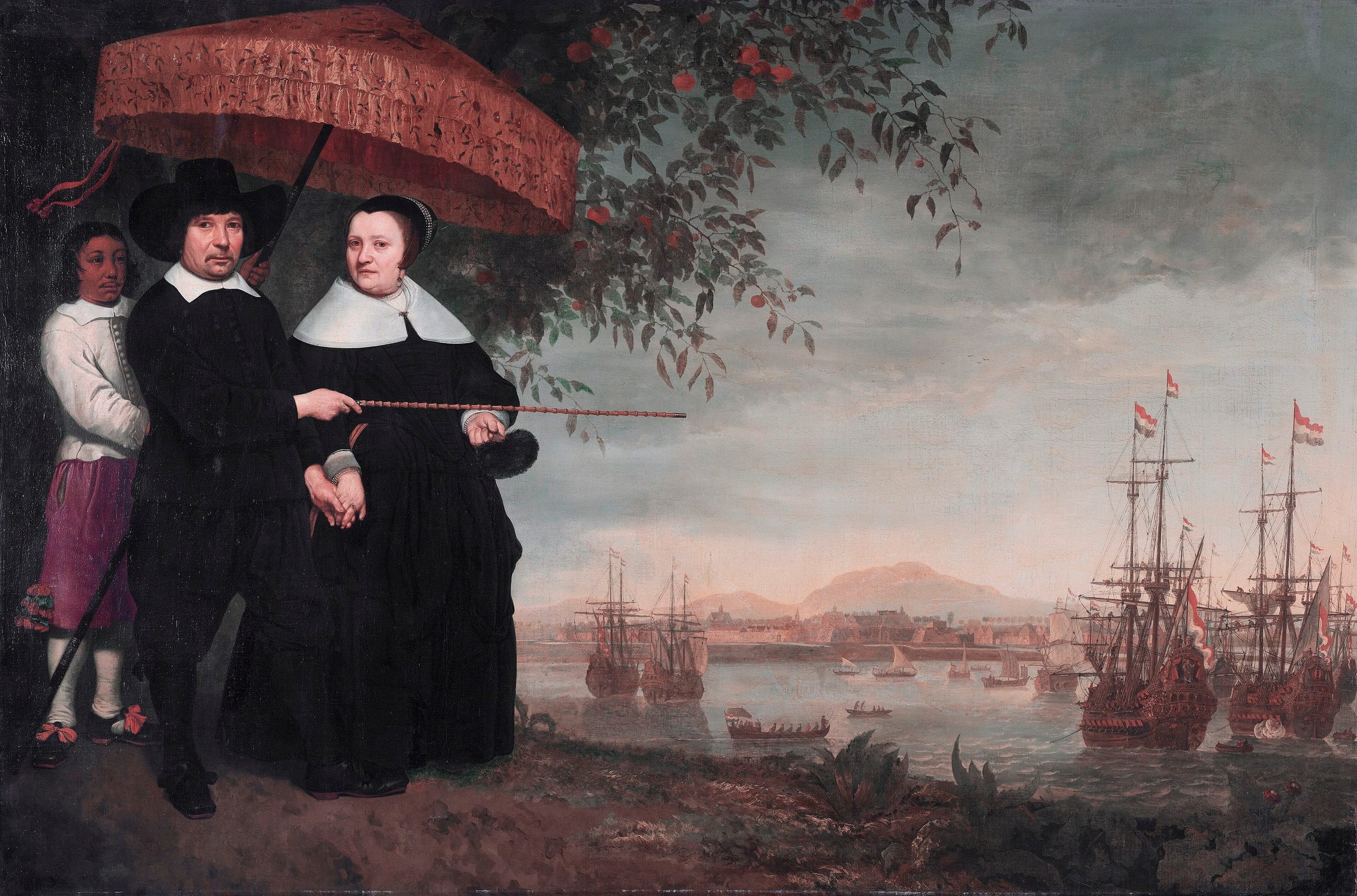 Seventeenth-century oil painting of a Company merchant and his wife on a shore, with a line of anchored ships in the roads of Batavia behind them