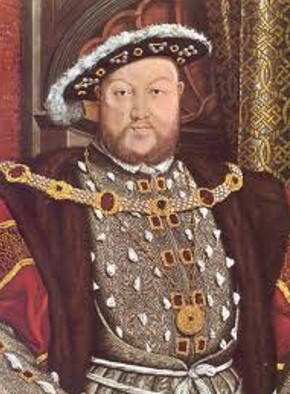 Tudor portrait of Henry VIII in a jewelled doublet, gold collar and feathered flat cap against a red patterned ground