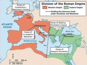 Map titled Division of the Roman Empire, the Western Empire in red and the Eastern Empire in green either side of a dividing line, with labels marking the seats of the four tetrarchs