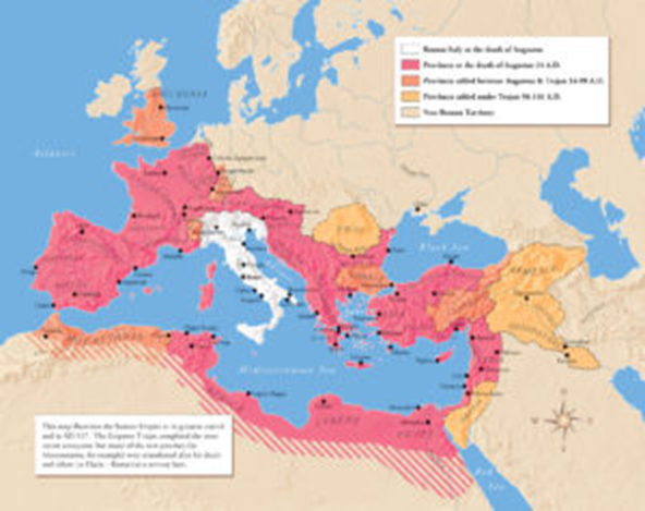 Historical map of the Roman Empire showing Italy and the provinces in shades of pink and orange by date of annexation, with a key and a compass rose