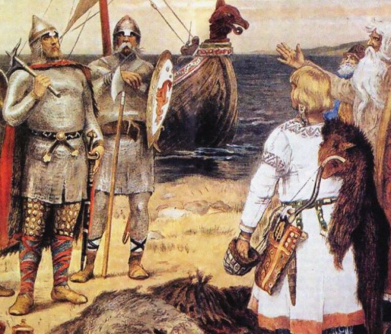 Painting of mailed and helmeted warriors with round shields standing on a shore beside a beached longship, greeted by figures in embroidered white robes