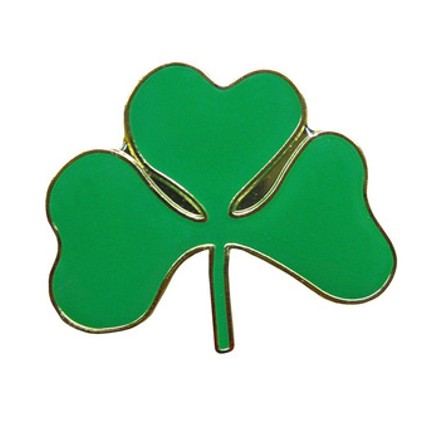 Green enamelled shamrock badge with a gold rim on a white ground