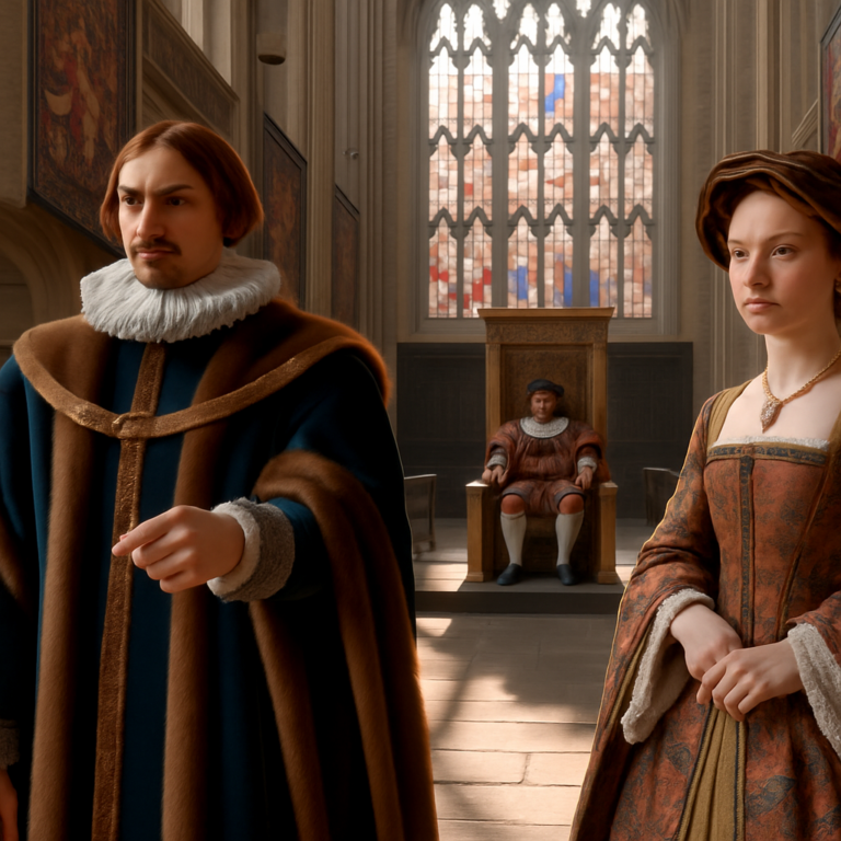 A man and a woman in fur-trimmed robes stand in a sunlit chapel, a seated figure on a throne between them beneath a stained-glass window